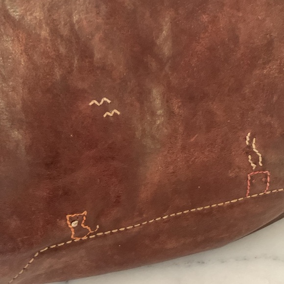 Henry Cuir Tote Embroidered Brown cow Hyde Leather Rustic Bohemian - Picture 3 of 14